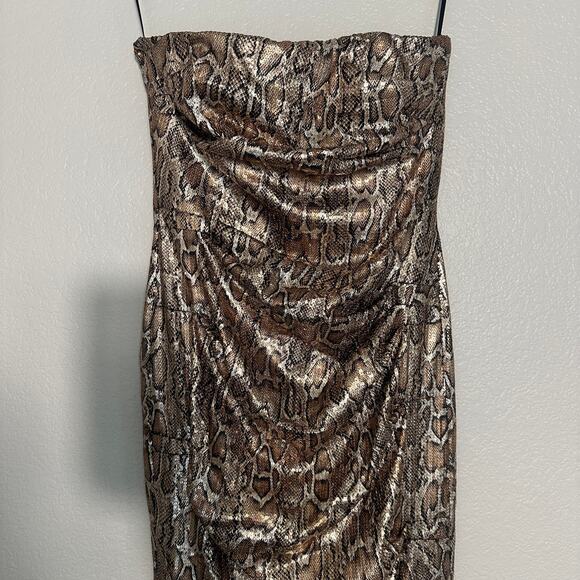 Revolve Nookie Blind Date Midi Dress in Bronze, Strapless Ruched, Size Large - Picture 4 of 12